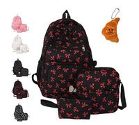 NNBWLMAEE 3 Set Bow Backpack for Girls, 3-Piece Bow Design Backpack Set, Preppy Primary Secondary Book Bag with Cross-body Bag and Small Pouch (Red)
