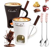 NNBWLMAEE Chocolate Fondue Mug Set, Ceramic Sweet Chocolate Fondue Cup, Mini Simmer Mug for Cheese, Tea Light Heating Butter Warmer, for Cheese Chocolates Butter (White+Brown)