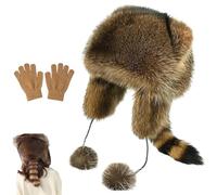 NNBWLMAEE Raccoon Tail Parent Child Plush Hat, Fluffy Cute Faux Fur Raccoon Tail Plush Hat, Cute Raccoons Shape Ear Protection Hats, for Cold Weather Winter Men Women Children Gifts (L)