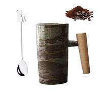 NNBWLMAEE Retro Stoneware with Wooden Handle, Ceramic Retro Stoneware Wooden Handle, Nordic Earth Mugs, for Travel, Breakfast, Coffee Brewing (A)