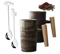 NNBWLMAEE Retro Stoneware with Wooden Handle, Ceramic Retro Stoneware Wooden Handle, Nordic Earth Mugs, for Travel, Breakfast, Coffee Brewing (2PCS-3)