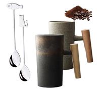 NNBWLMAEE Retro Stoneware with Wooden Handle, Ceramic Retro Stoneware Wooden Handle, Nordic Earth Mugs, for Travel, Breakfast, Coffee Brewing (2PCS-2)