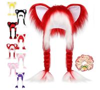 NNBWLMAEE Soft Furry Animal Ear Hat with Braids, Handmade Fursuit Fur Cat, Furry Cuteness Fur Cat Ears Hat Fluffy Ear Headwear, for Cosplay, Winter Warmth and Party Accessories (E)