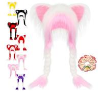 NNBWLMAEE Soft Furry Animal Ear Hat with Braids, Handmade Fursuit Fur Cat, Furry Cuteness Fur Cat Ears Hat Fluffy Ear Headwear, for Cosplay, Winter Warmth and Party Accessories (H)