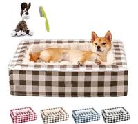 NNBWLMAEE Tartan Cozy Dog Anti-Anxiety Calming Bed, Classic Tartan Pet Bed, Fluffy Square Dog Beds for Large Medium and Small Dogs, Removable Washable (M,Brown)