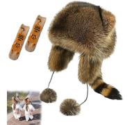 NNBWLMAEE Winter Cute Raccoon Plush Hats, Raccoon Tail Parent Child Plush Hat, Little Cute Raccoons Women's Winter Plushs Protection Hat, Faux Fur Trapper Hats with Pom Poms, Tail (M)