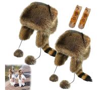 NNBWLMAEE Winter Cute Raccoon Plush Hats, Raccoon Tail Parent Child Plush Hat, Little Cute Raccoons Women's Winter Plushs Protection Hat, Faux Fur Trapper Hats with Pom Poms, Tail (L*2)