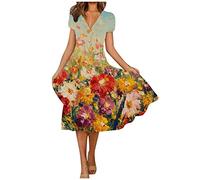 NNGOTD Robe de Plage Femme Ete Longue Col V Midi Robe Taille Haute À Imprimé Floral Cocktail Party Manches Longues Robe De Soirée pour Mariage Robe Longue Fluide