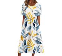 NNGOTD Robe Ete Femme Mi Longue Manche Courte Casual Longue Coton et Lin Séchage Rapide Bohème Élégant Décontractée Soft Fast Dry Robe Bretelles Elegante Rétro Vetement Femme A La Mode Robe Jaune XL
