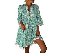NNGOTD Robe Ete Femme Midi Col V Boheme avec Poches Manches à Volants Coton Robes De Plage Chic et Elegant Longueur Genou Décontracté Casual Wedding Guest Dress Summer Tendance (1A Vert,L)