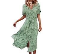 NNGOTD Robe Ete Femme Ronde Coton Et Lin Manches Courtes Chic/Elegant Longue Swing Robe Plage Boho Ample Robe Tee Shirt Poche Maxi Robe Décontractée été Robe Sexy Femme Club Libertin Vert