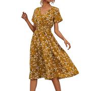 NNGOTD Robe Femme Fleurie Coton Et Lin Manches Courtes Chic et Elegant Longue Swing Robe Plage Boho Ample Robe Tee Shirt Poche Maxi Robe Grande Taille Décontractée été Robe de Cocktail Femme Jaune