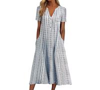 NNGOTD Robe Longue Ete Femme Boheme Tenue décontractée Short intégré élégante Robe à col en V à Manches volantées Dentelle Jacquard Couleur Unie Robe Ample Poches Robe Shooting Grossesse Gris XL