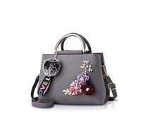 NNICOLE&DORIS femmes Cuir Sacs à main Sacs à bandoulière avec fleur Ancien Sac à poignée Designer Fourre-tout sac à main avec Pom Pom gris foncé