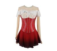 Nnnydjy Robes De Patinage Artistique pour Femmes Dentelle Costumes De Spectacle De Roller en Plein Air pour Filles Col Rond Jupe De Concours De Gymnastique Justaucorps Artistiques,Rouge,XXXL