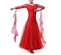 Nnnydjy Tenue De Danse De Spectacle De Valse en Dentelle pour Femmes Robes De Danse De Salon Standard avec Bretelles Costume D'entraînement De Tango Flamenco À Col Rond Manche Longue,A,S
