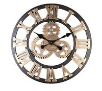 NNOVAT 3D Horloge Murale 60 * 60cm Grand Classique Vintage en Bois Silencieux Vitesse Pendaison Chiffre Romain Style Européen Steampunk Décor Industriel pour Salon, Bar,d'or