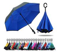 NNY Inc Parapluie double face coupe-vent et protecteur contre les UV - Pliable - Parapluie droit inversé pour hommes et femmes - Autoportant - Poignée en forme de C - pour golf/voitures (bleu)