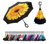 NNY Inc Parapluie double face coupe-vent et protecteur contre les UV - Pliable - Parapluie droit inversé pour hommes et femmes - Autoportant - Poignée en forme de C - pour golf/voitures (tournesol)