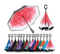 NNY Inc Parapluie double face coupe-vent et protecteur contre les UV - Pliable - Parapluie droit inversé pour hommes et femmes - Autoportant - Poignée en forme de C - pour golf/voitures (pivoine rose)