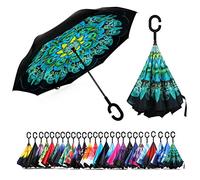 NNY Inc Parapluie double face coupe-vent et protecteur contre les UV - Pliable - Parapluie droit inversé pour hommes et femmes - Autoportant - Poignée en forme de C - pour golf/voitures (paon)
