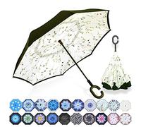NNY Inc Parapluie double face coupe-vent et protecteur contre les UV - Pliable - Parapluie droit inversé pour hommes et femmes - Autoportant - Poignée en forme de C - pour golf/voitures (bégonia)
