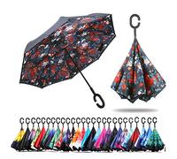 NNY Inc Parapluie double face coupe-vent et protecteur contre les UV - Pliable - Parapluie droit inversé pour hommes et femmes - Autoportant - Poignée en forme de C - pour golf/voitures (bella)