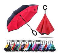 NNY Inc Parapluie double face coupe-vent et protecteur contre les UV - Pliable - Parapluie droit inversé pour hommes et femmes - Autoportant - Poignée en forme de C - pour golf/voitures (rouge)