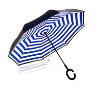 NNY Inc Parapluie inversé double couche pour voitures, parapluie pliant avec ouverture inversée, grand parapluie droit à l'envers pour golf, homme et femme avec forme de C (rayures bleu marine)