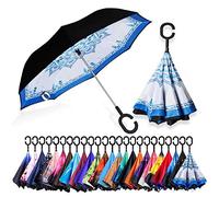 NNY Inc Parapluie inversé double couche pour voitures, parapluie pliant avec ouverture inversée, parapluie droit à l'envers pour golf, homme et femme avec forme de C (porcelaine bleue et blanche)