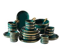 NNYCC Ensembles de vaisselle 12 pièces Ensembles combinés Ensemble de vaisselle en porcelaine Bordure dorée peinte à la main Pour une atmosphère légère et luxueuse Vert,12 piece set
