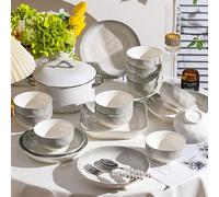 NNYCC Services de table 26 pièces pour 6 personnes Ensemble de vaisselle en céramique grise avec assiette plate à dessert Bol à pâtes Bol profond Passe au lave-vaisselle,Gris