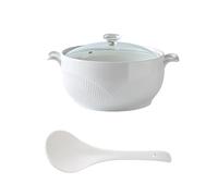 NNYCC Soupière avec Couvercle en Verre et Cuillère, Bol à Soupe en Porcelaine pour Service de Table de Cuisine,Blanc,L