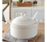 NNYCC Soupière Blanche avec Doré Bord, Bol de Service de Soupe à Double Poignée avec Couvercle et Cuillère Vaisselle en Porcelaine Tendre,2.2L