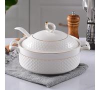 NNYCC Soupière Blanche avec Doré Bord, Bol de Service de Soupe à Double Poignée avec Couvercle et Cuillère Vaisselle en Porcelaine Tendre,1.5L