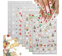 NO.1 Autocollants Ongles 5D Noël - 8 Feuilles d'Autocollants Ongles Auto-adhésifs avec Rennes, Flocons de Neige & Bonhommes de Neige pour Femmes et Filles