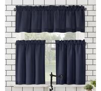 No. 918 Martine Ensemble cantonnière et Rideaux à étages pour Cuisine, Semi-Transparents, en Microfibre, Passe-Tringle, 137 x 61 cm, Bleu Marine