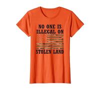 No One is Illegal on Stolen Land USA Flag Camo American Flag T-Shirt, Femme, Orange, 3XL