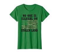 No One is Illegal on Stolen Land USA Flag Camo American Flag T-Shirt, Femme, Vert Kelly, S