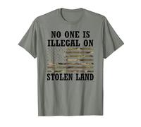No One is Illegal on Stolen Land USA Flag Camo American Flag T-Shirt, Homme, Vert Kaki chiné, 3XL