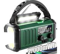 NOAA AM FM Radio de secours à manivelle à énergie solaire, 37 000 mWh, radio météo avec lampe de poche à 3 modes et lampe de lecture, chargeur de téléphone portable, signal de détresse domestique et