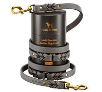 Noah & Paw Laisse en Cuir pour Chien, Cuir Premium huilé et ciré tressé, Laisse 8 ft (2,4 m) avec 6 utilisations Mains Libres, Attache Rapide, Double Laisse, Collier Assorti (Gris)
