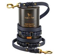 Noah & Paw Laisse en Cuir pour Chien, Cuir Premium huilé et ciré tressé, Laisse 8 ft (2,4 m) avec 6 utilisations Mains Libres, Attache Rapide, Double Laisse, Collier Assorti (Bleu foncé)