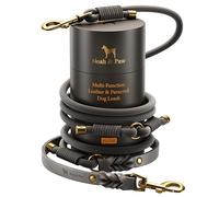 Noah & Paw Laisse Mains Libres pour Chien, Cuir huilé ciré + paracorde résistante, 8 ft (2,4 m), Laisse Longue 6 utilisations (Chats, Petits, Moyens, Grands Chiens) (Gris)