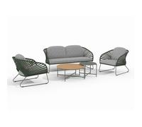 NOALIA - Salon de Jardin Complet Tables Gigogne Vert en Acier et Imitation Rotin