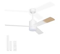 Noaton Ventilateur de plafond avec lumière et télécommande, blanc/bois naturel, 3 pales, silencieux, Ø132 cm, mode hiver-été, moteur DC, 6 vitesses, minuterie, LED dimmable, double hauteur
