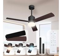 Noaton® Canis noir/bois foncé Ventilateur de plafond avec lumière et télécommande, 3 pales, silencieux, Ø132 cm, mode hiver-été, moteur DC, 6 vitesses, minuterie, LED dimmable, double hauteur