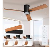 Noaton Ventilateur de plafond avec lumière et télécommande, noir/bois foncé, 3 pales, silencieux, Ø132 cm, mode hiver-été, moteur DC 35 W, 6 vitesses, minuterie, LED dimmable 22,9 W
