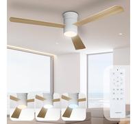 Noaton Ventilateur de plafond avec lumière et télécommande, bois naturel, 3 pales, silencieux, Ø132 cm, mode hiver-été, moteur DC 34 W, 6 vitesses, minuterie, LED dimmable 22,9 W