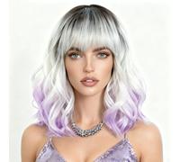 NOBLE Perruque courte avec frange pour femme - 3 tons ombrés des racines grises et blanches au violet - Perruque synthétique courte ondulée à longueur d'épaule - Résistante à la chaleur